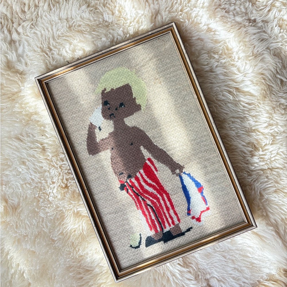 Framed Needlepoint Art Boy with Red Striped Pants Kids Room Wall Vintage Decor